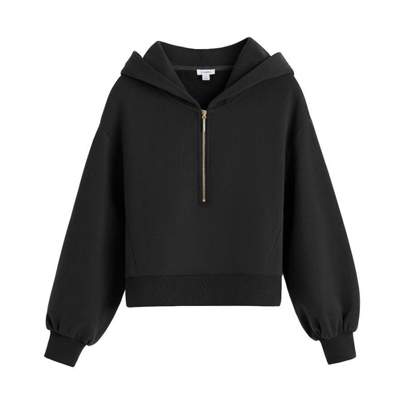 Cuyana Fleece Cropped Zip Hoodie Dames Zwart | XAU6725DN