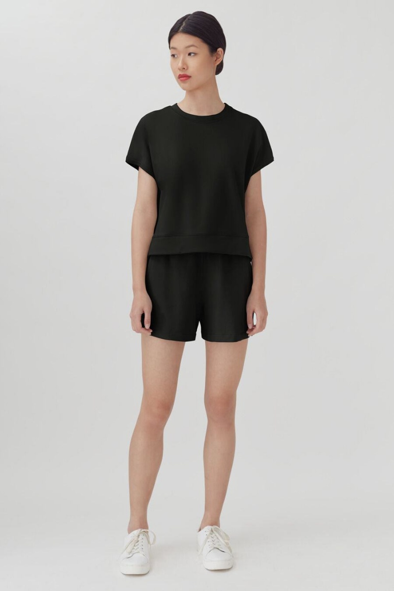 Cuyana French Terry Kort Sleeve Sweatshirts Dames Zwart | WQS6654EP